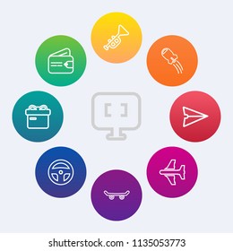 Modern, simple vector icon set on colorful circle backgrounds with dollar, purse, skate, pay, laboratory, skater, gift, finance, musical, screen, box, laptop, business, rocket, money, flight, pc icons