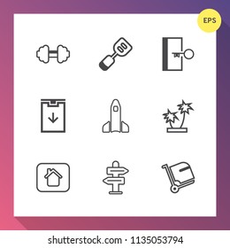Modern, simple vector icon set on gradient background with strength, tool, sport, space, way, sign, physical, door, bag, cooking, fit, barbell, arrow, utensil, tree, equipment, house, summer icons