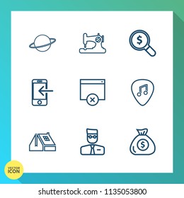 Modern, simple vector icon set on gradient background with transfer, phone, roof, universe, guitar, business, user, solar, house, web, money, financial, mobile, construction, fabric, galaxy, sew icons