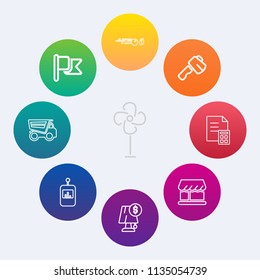 Modern, simple vector icon set on colorful circle backgrounds with dump, air, cool, tv, america, light, hobby, hammer, strike, wind, finance, rotation, object, interior, construction, control icons