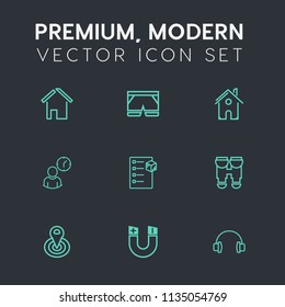 Modern, simple vector icon set on dark grey background with fashion, estate, time, concept, shorts, clock, business, vision, real, cargo, box, construction, modern, field, radius, hour, wear icons
