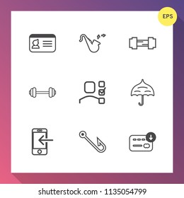 Modern, simple vector icon set on gradient background with fishing, open, bag, sound, id, identity, fish, card, hook, office, money, name, sack, rain, white, bugle, document, internet, transfer icons