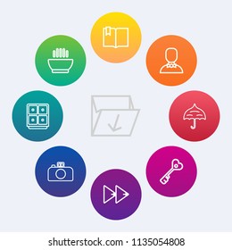 Modern, simple vector icon set on colorful circle backgrounds with waste, umbrella, open, pollution, meal, player, profile, recycling, photography, rubbish, trash, sign, book, rewind, audio, box icons