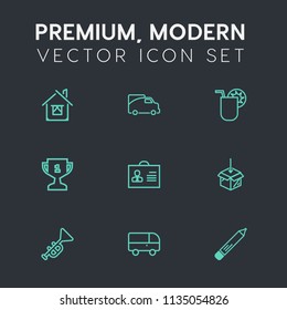Modern, simple vector icon set on dark grey background with internet, real, achievement, profile, award, bugle, winner, home, glass, modern, summer, pen, person, first, speed, trumpet, musical icons