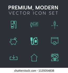 Modern, simple vector icon set on dark grey background with meeting, building, hygiene, female, care, place, toothpaste, telephone, money, coin, male, call, seminar, fire, health, web, home, old icons