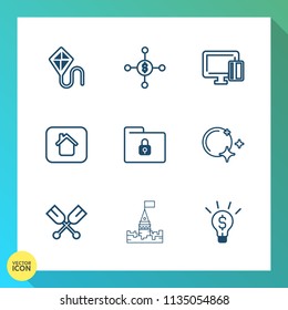Modern, simple vector icon set on gradient background with sky, moon, concept, canoe, finance, building, idea, fly, payment, star, kite, house, folder, banking, dollar, happy, business, water icons