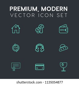 Modern, simple vector icon set on dark grey background with headset, house, money, property, help, window, estate, support, wallet, operator, real, crash, spaceship, food, card, new, building icons