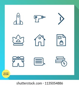 Modern, simple vector icon set on gradient background with bank, power, exploration, notebook, equipment, white, orbit, arrow, message, construction, business, rocket, coin, drill, space, shorts icons