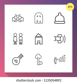 Modern, simple vector icon set on gradient background with people, decoration, music, fun, colorful, success, progress, girl, folk, fashion, house, horror, boy, white, cap, celebration, cell icons