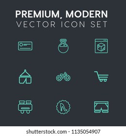 Modern, simple vector icon set on dark grey background with trolley, search, cart, shorts, wear, internet, nature, money, tool, tent, shipping, glasses, cycle, dental, frame, fashion, lab, white icons