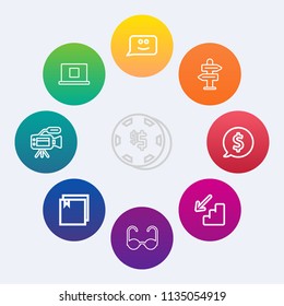 Modern, simple vector icon set on colorful circle backgrounds with cartoon, direction, web, leisure, chance, casino, frame, smile, tripod, fashion, up, chat, arrow, luck, sun, emotion, user, way icons