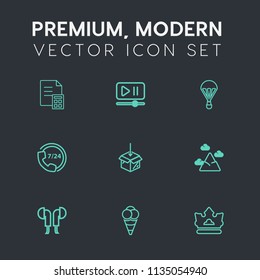 Modern, simple vector icon set on dark grey background with coin, volume, technology, play, headset, crown, web, financial, money, business, sky, nature, player, mountain, bank, royal, extreme icons