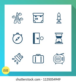 Modern, simple vector icon set on gradient background with mobile, tower, escape, tv, hour, exit, france, travel, airport, passport, east, hourglass, rocket, paris, french, eiffel, projection icons