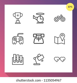 Modern, simple vector icon set on gradient background with transport, cycle, competition, winner, air, sunglasses, map, table, helicopter, bicycle, communication, interior, analysis, trophy, web icons