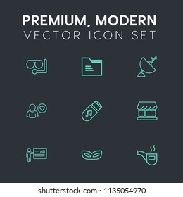 Modern, simple vector icon set on dark grey background with presentation, satellite, glass, folder, profile, classic, water, retro, storage, open, file, businessman, party, mask, business, sport icons