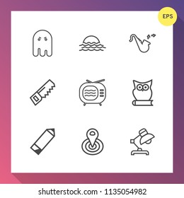 Modern, simple vector icon set on gradient background with construction, television, trumpet, sunrise, tv, technology, bugle, home, saw, cycle, owl, lamp, landscape, antenna, table, hammer, fear icons