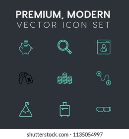 Modern, simple vector icon set on dark grey background with blue, male, bag, magnifying, fashion, pig, glasses, house, search, profile, find, storehouse, glass, key, travel, storage, sky, bank icons