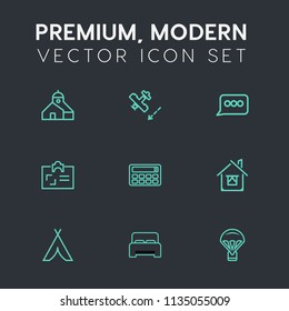 Modern, simple vector icon set on dark grey background with button, extreme, building, message, bed, communication, air, estate, airplane, business, parachute, calculator, transportation, travel icons