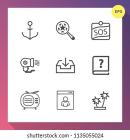 Modern, simple vector icon set on gradient background with pen, fan, tropical, magnifier, male, search, book, tree, graphic, magnifying, paper, female, nautical, profile, technology, hair, wheel icons