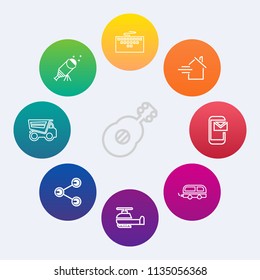 Modern, simple vector icon set on colorful circle backgrounds with concert, technology, sound, property, aviation, dump, sky, music, phone, share, laptop, travel, science, white, social, bus icons