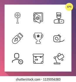 Modern, simple vector icon set on gradient background with business, object, achievement, safe, bank, professional, electric, banking, cooler, sound, profile, tape, home, table, wind, delete icons