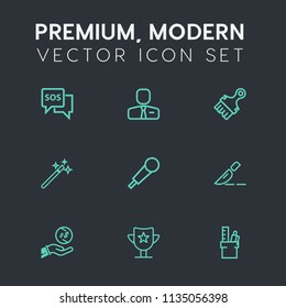 Modern, simple vector icon set on dark grey background with reward, office, rescue, paintbrush, job, success, operation, wizard, safety, dollar, magician, investment, music, award, paint, danger icons