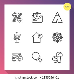 Modern, simple vector icon set on gradient background with direction, adventure, letter, mail, vehicle, earth, travel, global, science, truck, tent, camp, space, landlord, home, tipper, sign icons