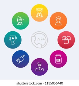 Modern, simple vector icon set on colorful circle backgrounds with meat, showing, tshirt, sand, fashion, user, grill, profile, bbq, award, help, finger, customer, container, winner, center, web icons