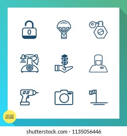 Modern, simple vector icon set on gradient background with growth, padlock, machine, ocean, beauty, protection, pump, bottle, safety, call, blue, security, tree, old, air, phone, nature, work icons