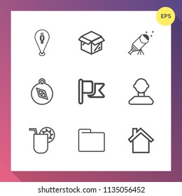 Modern, simple vector icon set on gradient background with pin, carton, cardboard, compass, flag, direction, telescope, office, north, navigation, new, america, sky, travel, file, folder, map icons