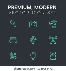 Modern, simple vector icon set on dark grey background with animal, aircraft, aviation, photo, music, air, communication, location, galaxy, lens, craft, chopper, transport, sign, digital, bed icons