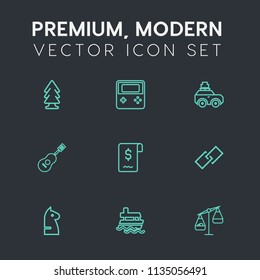 Modern, simple vector icon set on dark grey background with measurement, game, musical, balance, web, vessel, travel, hyperlink, forest, technology, wood, weight, plant, nature, scale, landscape icons