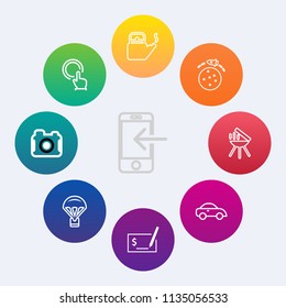 Modern, simple vector icon set on colorful circle backgrounds with technology, banking, push, sign, transportation, kitchen, kettle, transport, hand, smartphone, vehicle, hot, pen, grill, car icons