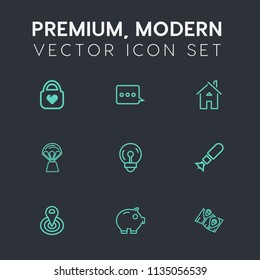 Modern, simple vector icon set on dark grey background with falling, map, pin, war, home, bomb, balloon, leather, travel, bank, road, electricity, message, bag, center, money, web, house, white icons