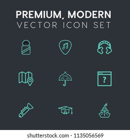 Modern, simple vector icon set on dark grey background with college, rain, ingredient, guitar, , trumpet, location, audio, salt, unknown, education, page, white, spice, headset, rock, seasoning icons