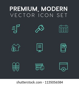 Modern, simple vector icon set on dark grey background with hammer, abstract, page, tool, pliers, song, musical, screwdriver, price, event, calendar, sale, tune, tipper, people, saw, timetable,  icons