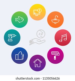 Modern, simple vector icon set on colorful circle backgrounds with business, animal, fishing, financial, finance, warning, seafood, monitor, music, building, dollar, architecture, internet, cash icons