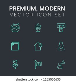 Modern, simple vector icon set on dark grey background with online, nature, television, spring, sign, cash, machine, profile, bank, tuner, floral, owner, credit, flower, choice, landlord, video icons