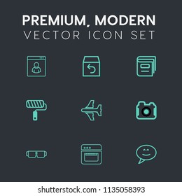 Modern, simple vector icon set on dark grey background with photo, photographer, delivery, roller, brush, airplane, food, sunglasses, plane, bubble, man, kitchen, box, internet, cooking, message icons