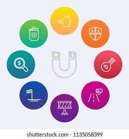 Modern, simple vector icon set on colorful circle backgrounds with blue, ocean, drum, estate, trash, mexico, music, protect, instrument, sign, rent, pole, house, garbage, web, street, recycling icons