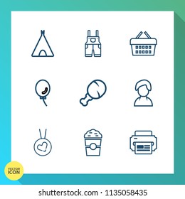Modern, simple vector icon set on gradient background with snack, meal, uniform, nature, printer, human, men, basket, market, outdoor, landscape, balloon, coffee, celebration, drink, cafe, sale icons