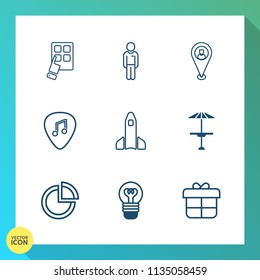 Modern, simple vector icon set on gradient background with communication, white, light, modern, graph, rocket, map, launch, electricity, fashion, business, musical, cafe, box, shuttle, pin, lamp icons