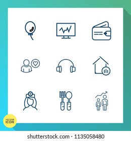 Modern, simple vector icon set on gradient background with care, holiday, technology, sound, diagnostic, house, dinner, test, audio, property, online, white, computer, money, profile, birthday icons
