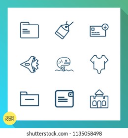 Modern, simple vector icon set on gradient background with element, bodysuit, sea, document, plane, folder, bag, building, tower, jetliner, jet, price, object, food, wallet, sign, fish, castle icons