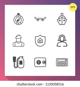 Modern, simple vector icon set on gradient background with ship, cash, button, skateboarding, west, vessel, young, skate, direction, finance, equipment, skater, engineer, east, compass, fire icons