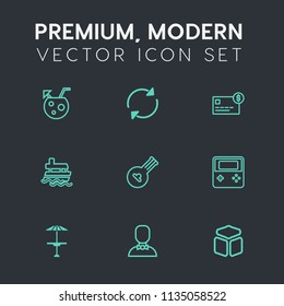 Modern, simple vector icon set on dark grey background with ocean, bar, square, web, alcohol, male, ice, cube, ship, internet, credit, purchase, glass, reload, musical, boat, sign, profile, card icons