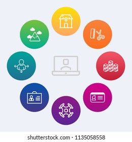 Modern, simple vector icon set on colorful circle backgrounds with identification, sky, young, name, hill, distribution, building, internet, id, fashion, call, hair, professional, video, aerial icons