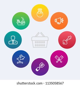 Modern, simple vector icon set on colorful circle backgrounds with sea, interior, medicine, door, marine, buy, employer, job, vintage, equipment, shop, war, key, lamp, purchase, loudspeaker, oar icons