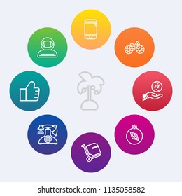 Modern, simple vector icon set on colorful circle backgrounds with vintage, palm, bike, bicycle, baggage, natural, summer, wheel, direction, investment, east, tree, search, luggage, travel, leaf icons