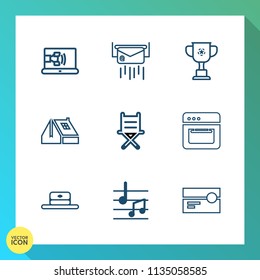 Modern, simple vector icon set on gradient background with service, paper, music, note, call, furniture, envelope, tape, sound, mail, cassette, chair, house, online, audio, message, window, cap icons